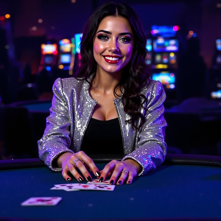 Dealer profesional membagikan kartu di meja Baccarat dengan studio lighting profesional